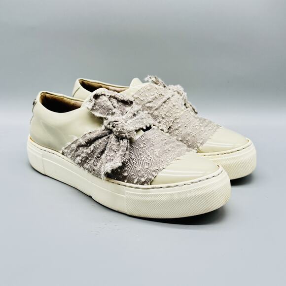 AGL Shoes Womens 38.5 US 8.5 Beige Tweed Bow Slip On Platform Sneakers Italy - Picture 2 of 10